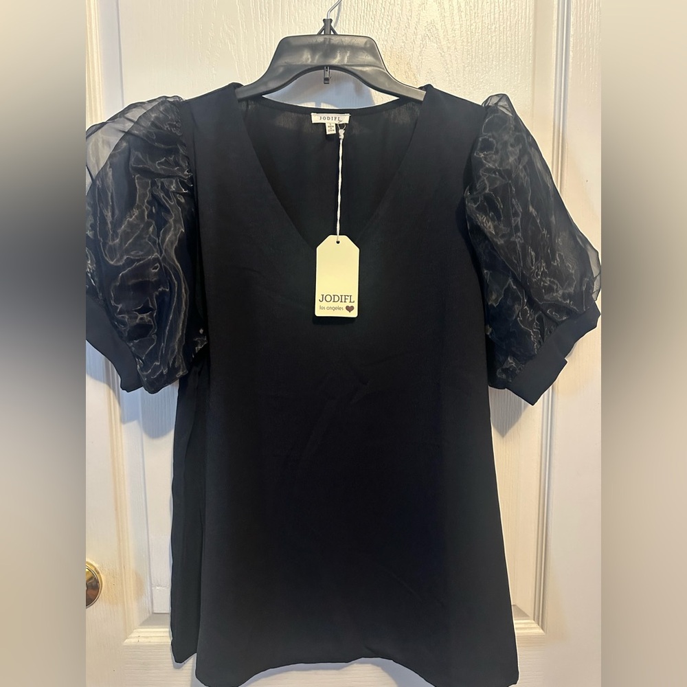 JODIFL Black Blouse with Sheer Sleeves